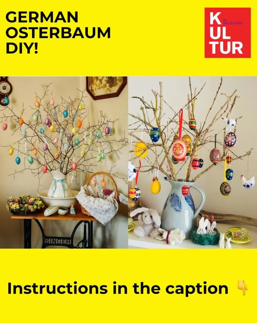 1. Grab your supplies- you will need: one or more branches, eggs, paint, paint brushes, ribbon or string, a vase, and sand 🌿🪴
2. Blow out your eggs- pierce a small hole in each end of a raw egg with a pin. Blow through one end until the egg is empt