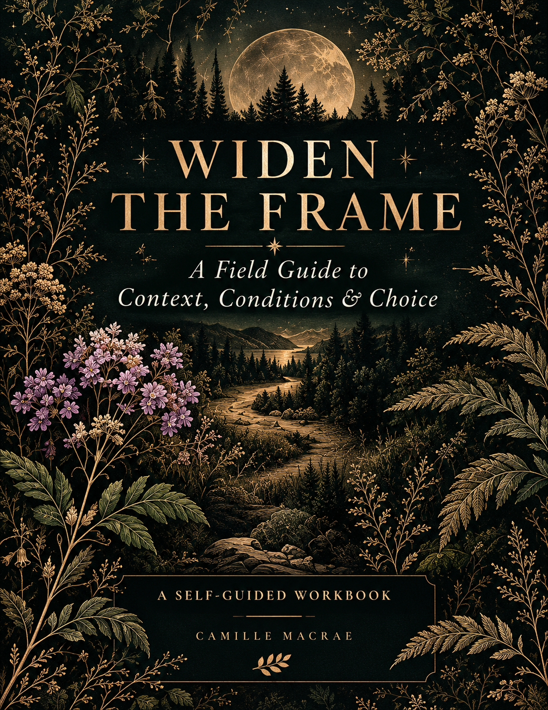 A moonlit forest landscape framed by intricate botanical illustrations in antique gold, green and muted purple, with a winding path leading toward distant mountains beneath a full moon.