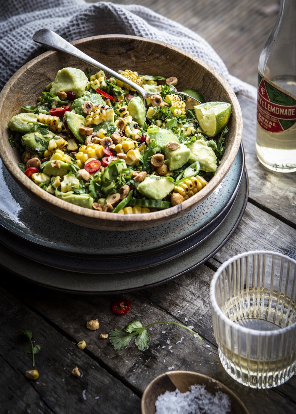 CHARGRILLED SWEETCORN, AVOCADO + TOASTED HAZELNUT SALAD