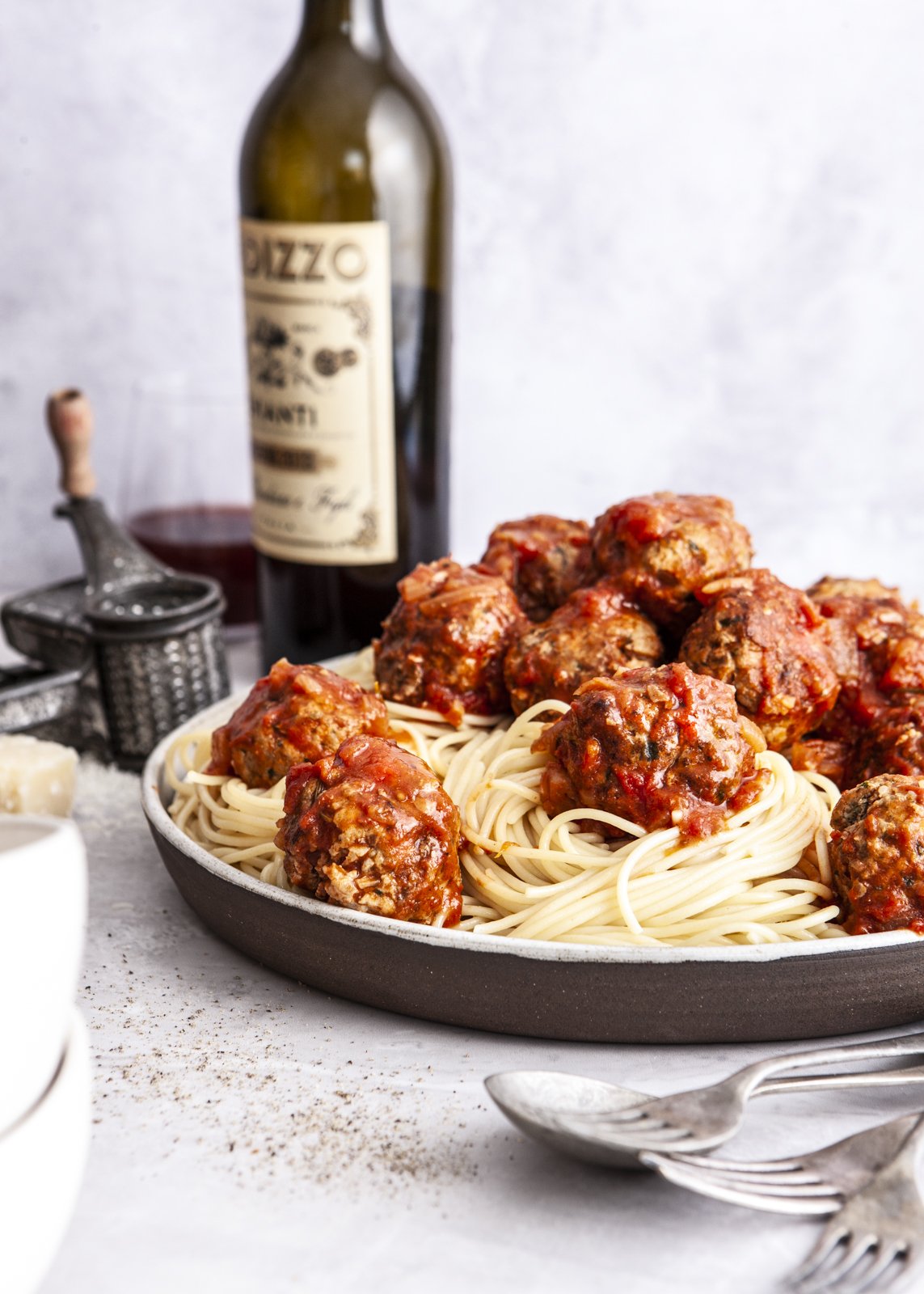 PORK, FENNEL + ORANGE MEAT BALLS, GARLICKY TOMATO SAUCE