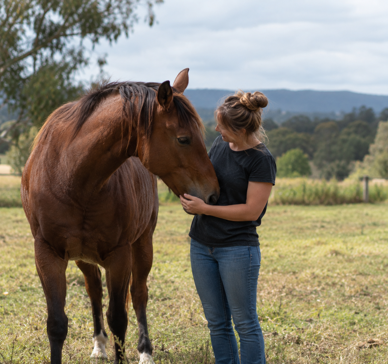 A woman with long brown hair holding her horses face
