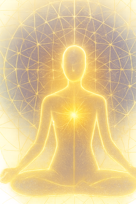 A glowing spiritual figure in a meditative pose with a luminous heart and head, surrounded by geometric patterns and a radiant background.