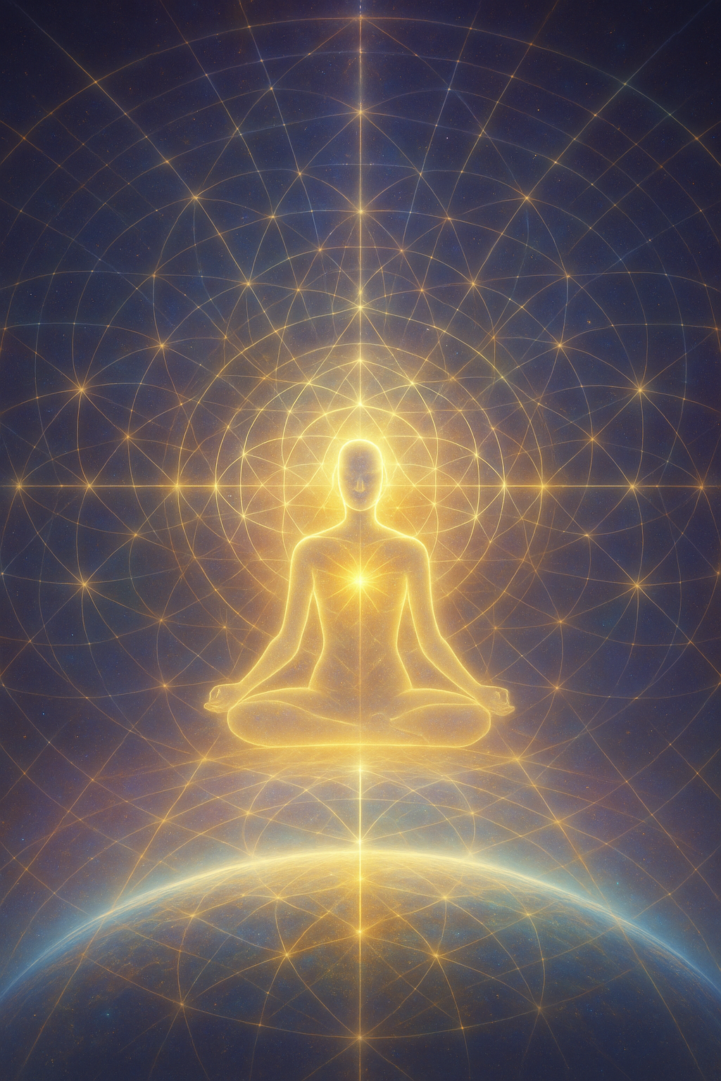 A glowing outline of a person meditating in a lotus position with geometric patterns and lights radiating from the body, floating above Earth in space.
