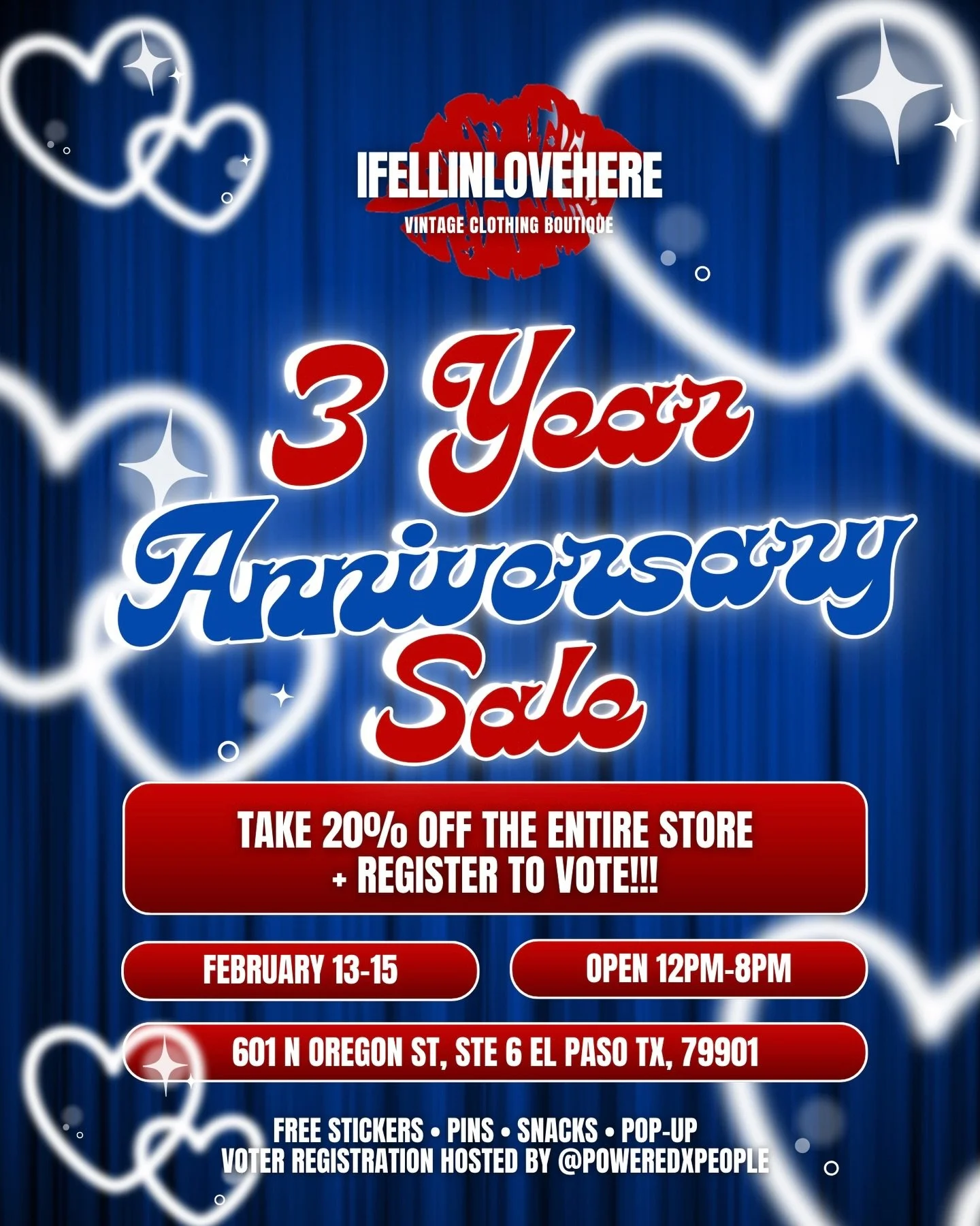 Join us! 💋

I can&rsquo;t believe we are celebrating 3 years of @ifellinlovehere 🥹 We wouldn&rsquo;t be here without your support. To celebrate we will be having 20% off the entire store Valentines Day Weekend:  February 13, 14, &amp; 15th! 

We wi