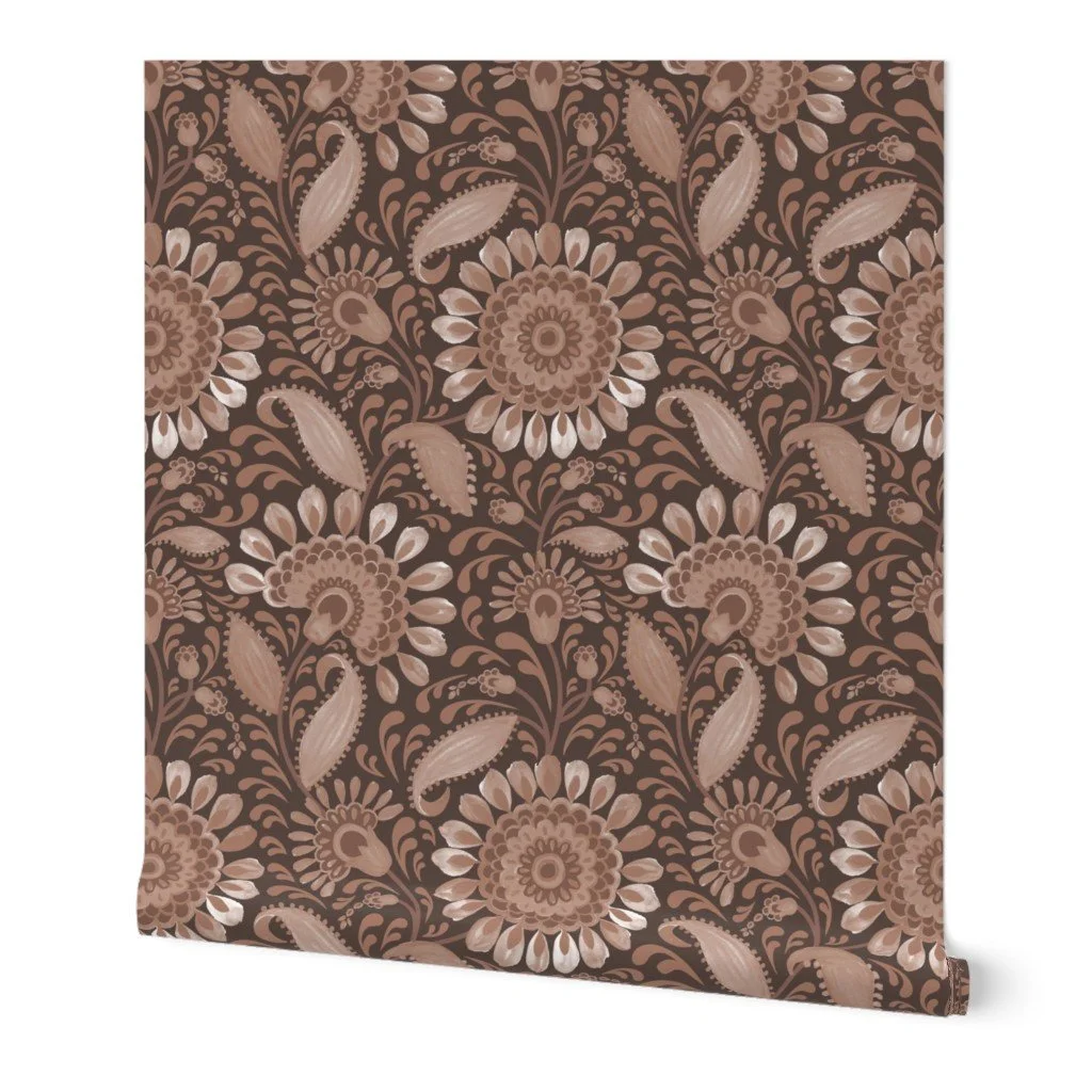 fantasy floral-monochrome-watercolor-mocha mousse-Pantone Color of the Year 2025