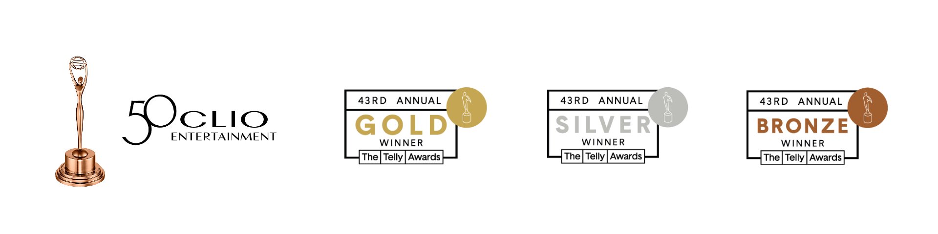 Awards and logos including Clio Entertainment trophy and Telly Awards for gold, silver, and bronze winners.