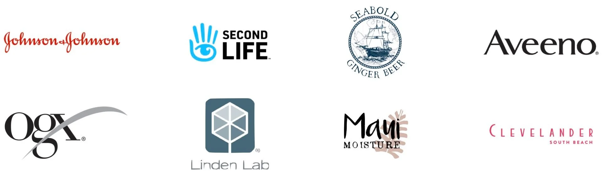 Logos of Johnson & Johnson, Second Life, Seabold Ginger Beer, Aveeno, OGX, Linden Lab, Maui Moisture, and Clevelander South Beach.