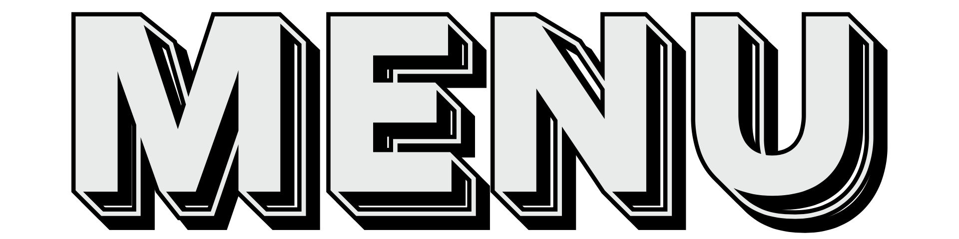 The word 'MENU' in large, bold, stylized letters on a black background.