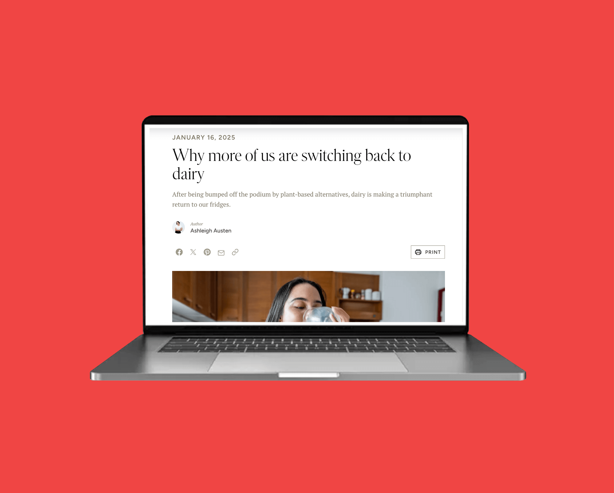 Article on switching back dairy on computer screen on red background