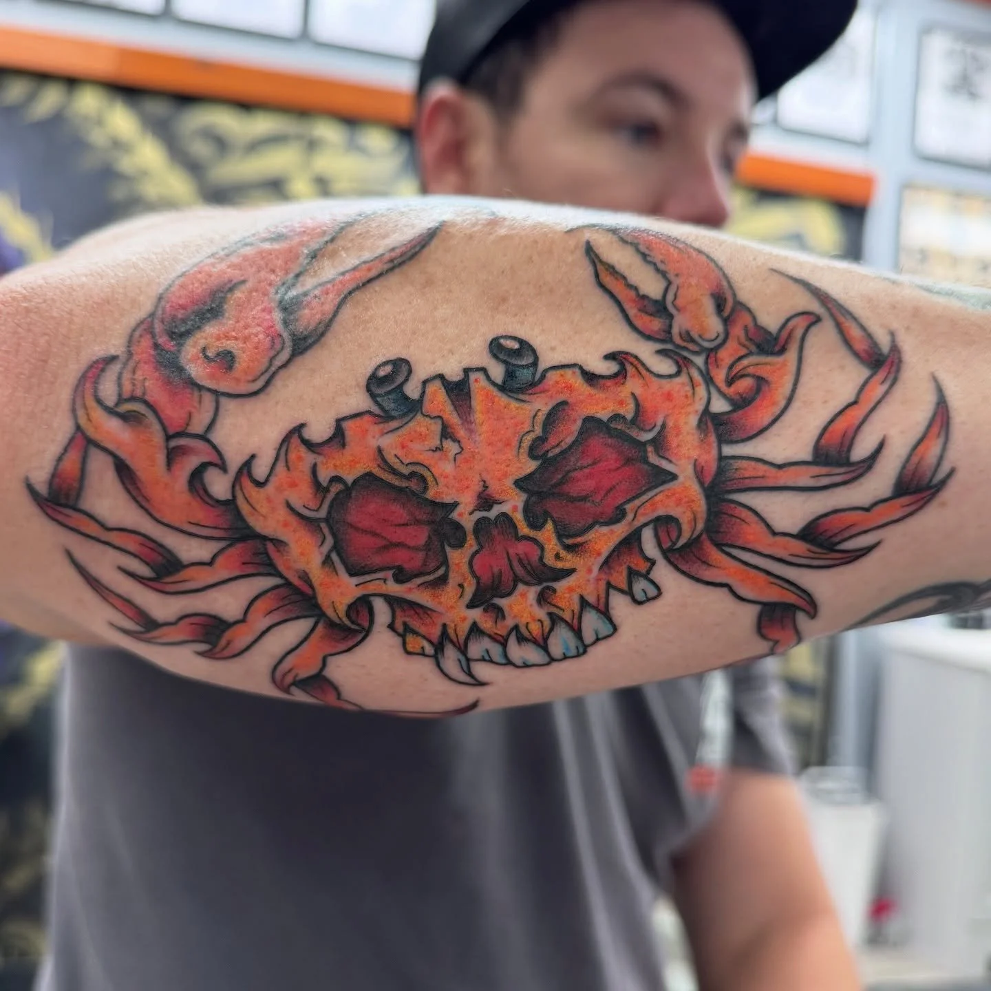 Thank you @stephensh20fowler for trusting me with your vision 😎🤘🏽 I loved creating and tattooing this fiery crustacean 👹🦀
.
.
Plenty of originals are posted on my flash account @mythdake if you&rsquo;re interested in my art style and want a cust