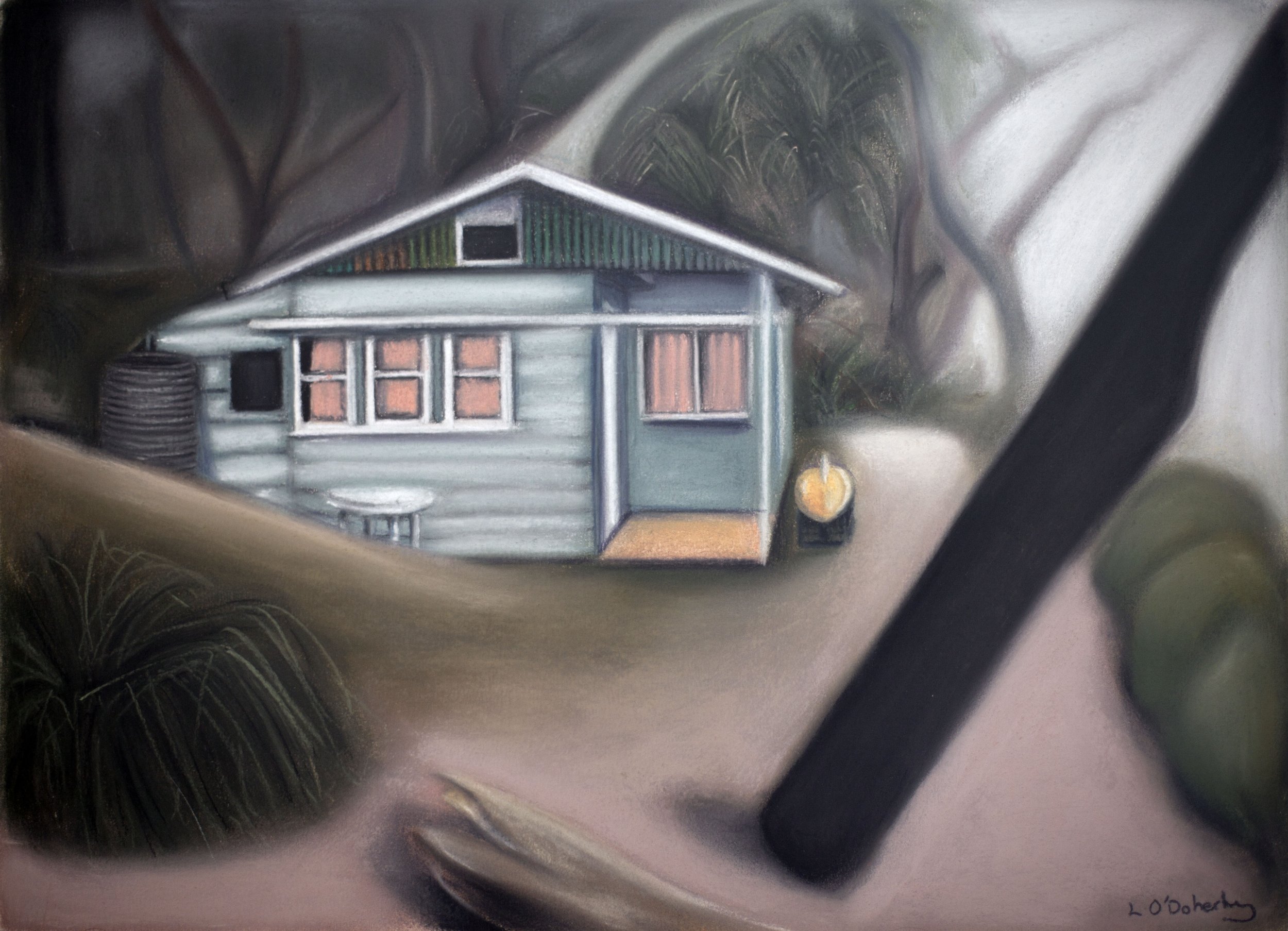 Shack and surfboard, pastel on paper, 33.5 x 46cm, 2015.jpg