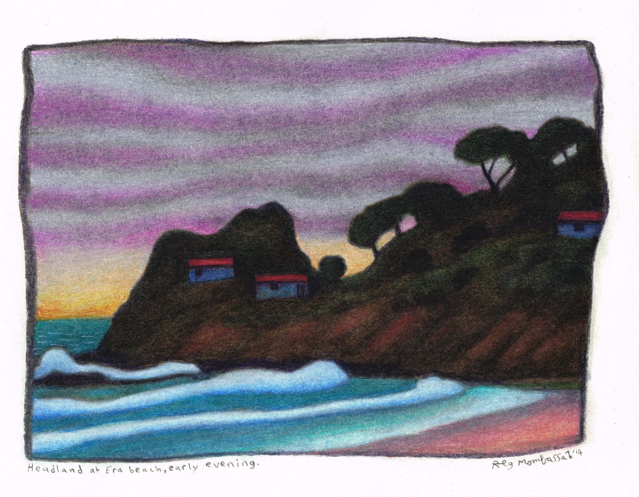 Headland at Era beach, early evening, 16x22cm, coloured pencil and charcoal on paper, 2014.jpg