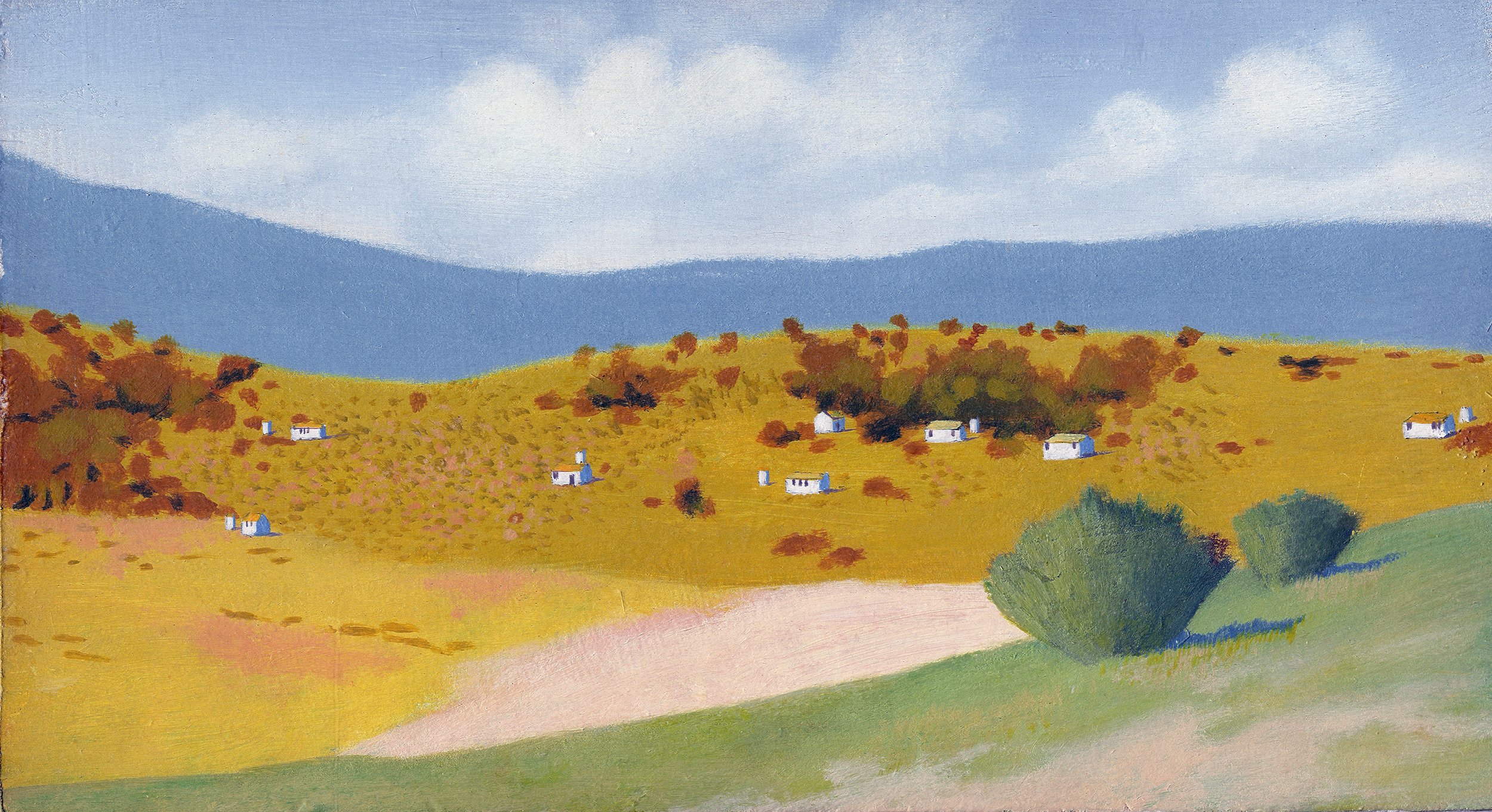 Hillside with cabins - Era, acrylic on board, 1979 .jpg