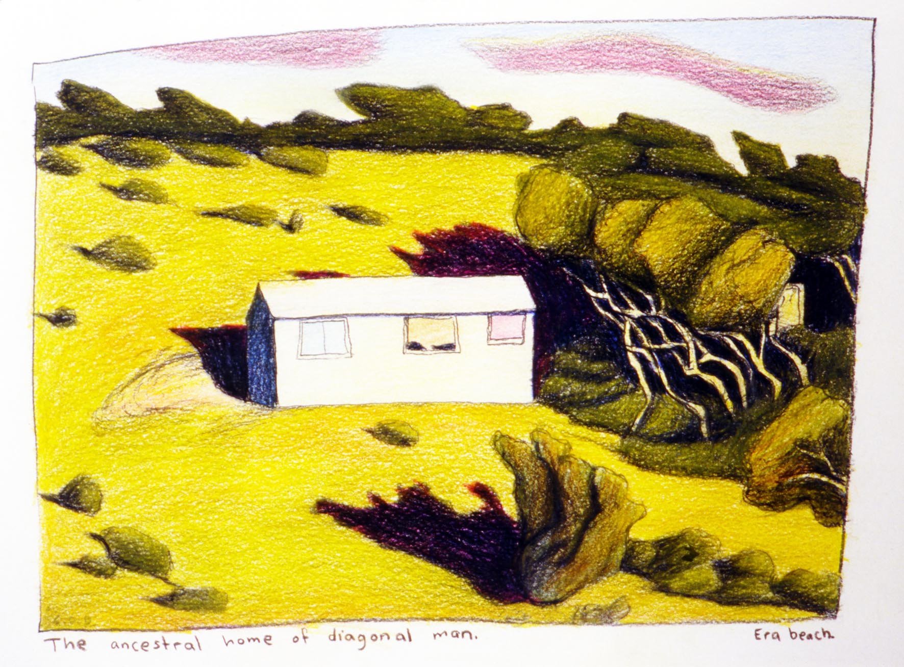 The ancestral home of the diagonal man, Era beach, coloured pencil and charcoal on paper, 1986.jpg