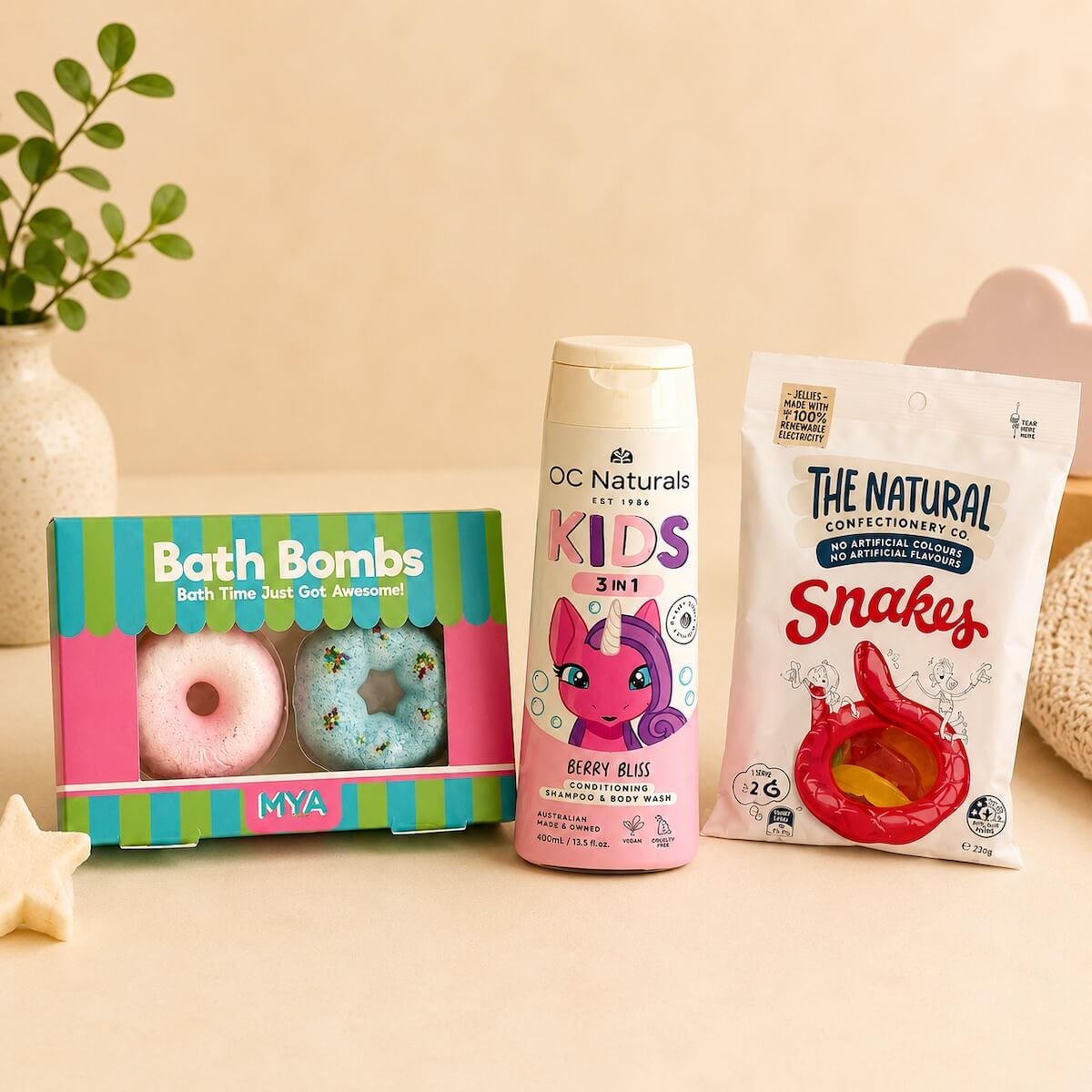 Rainbocorns gift items incluced in hamper  - bath bombs, snake lollies and bodywash.