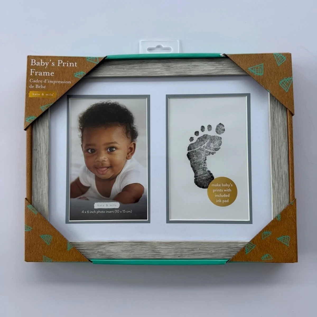 Kate & Milo baby handprint and footprint keepsake frame with ink pad and space for a 4 x 6 baby photo.