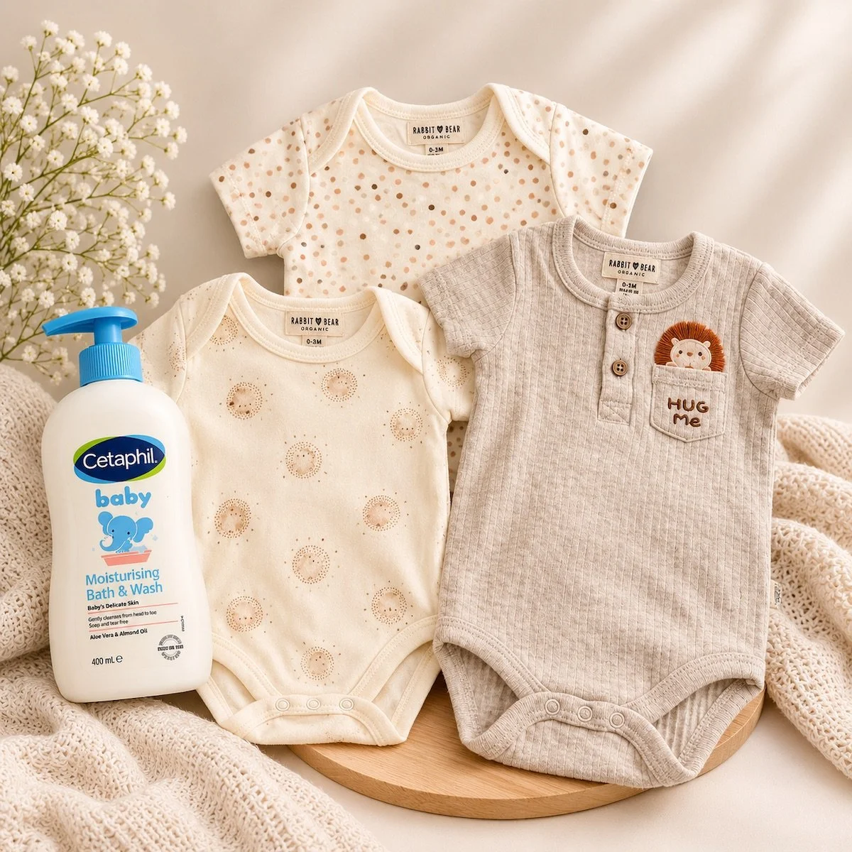 Three soft organic cotton baby bodysuits in neutral colours, size 0–3 months. Comfortable everyday essentials for newborn babies.