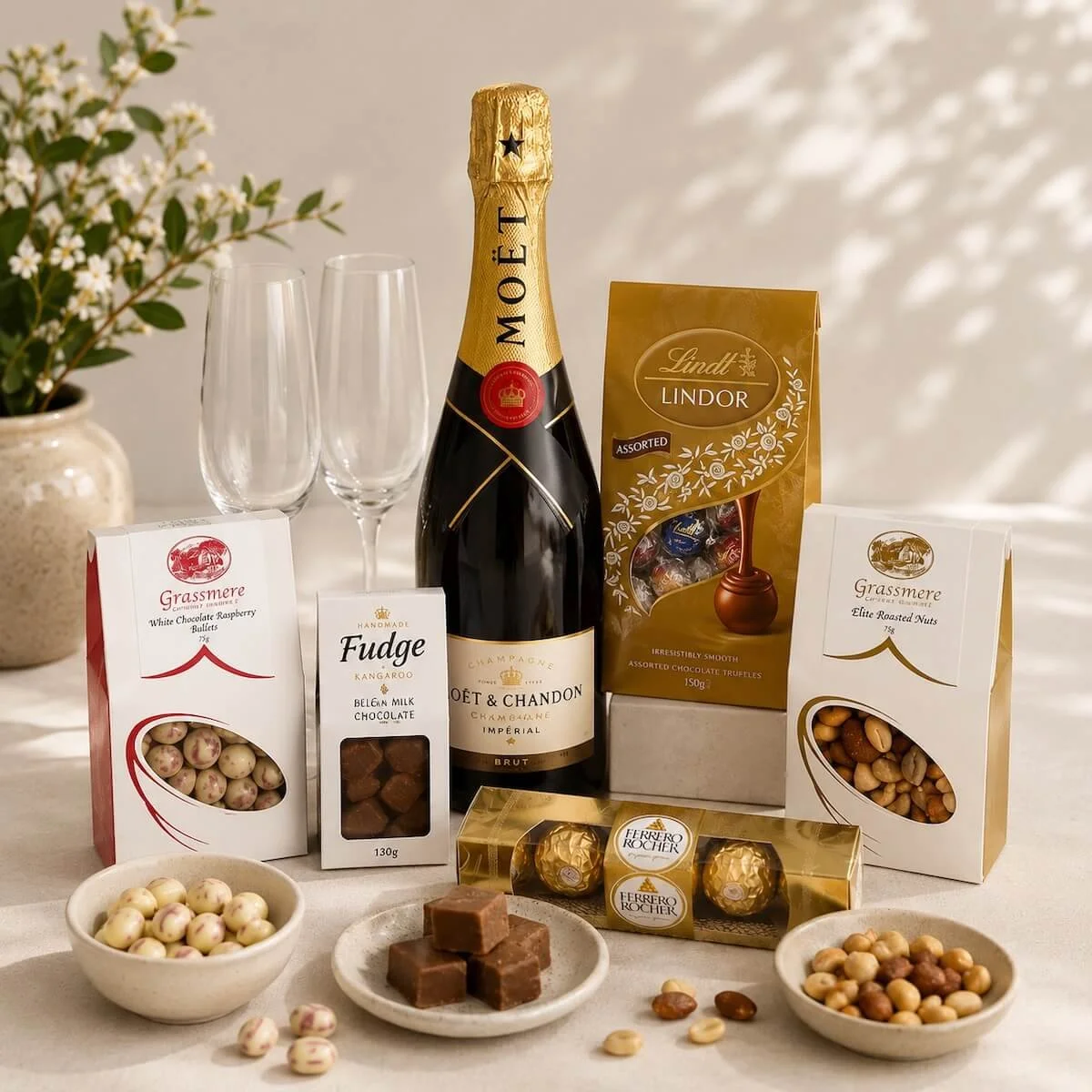Moët champagne, two champagne flutes, assorted gourmet treats, and chocolates, for delviery on the Gold Coast.