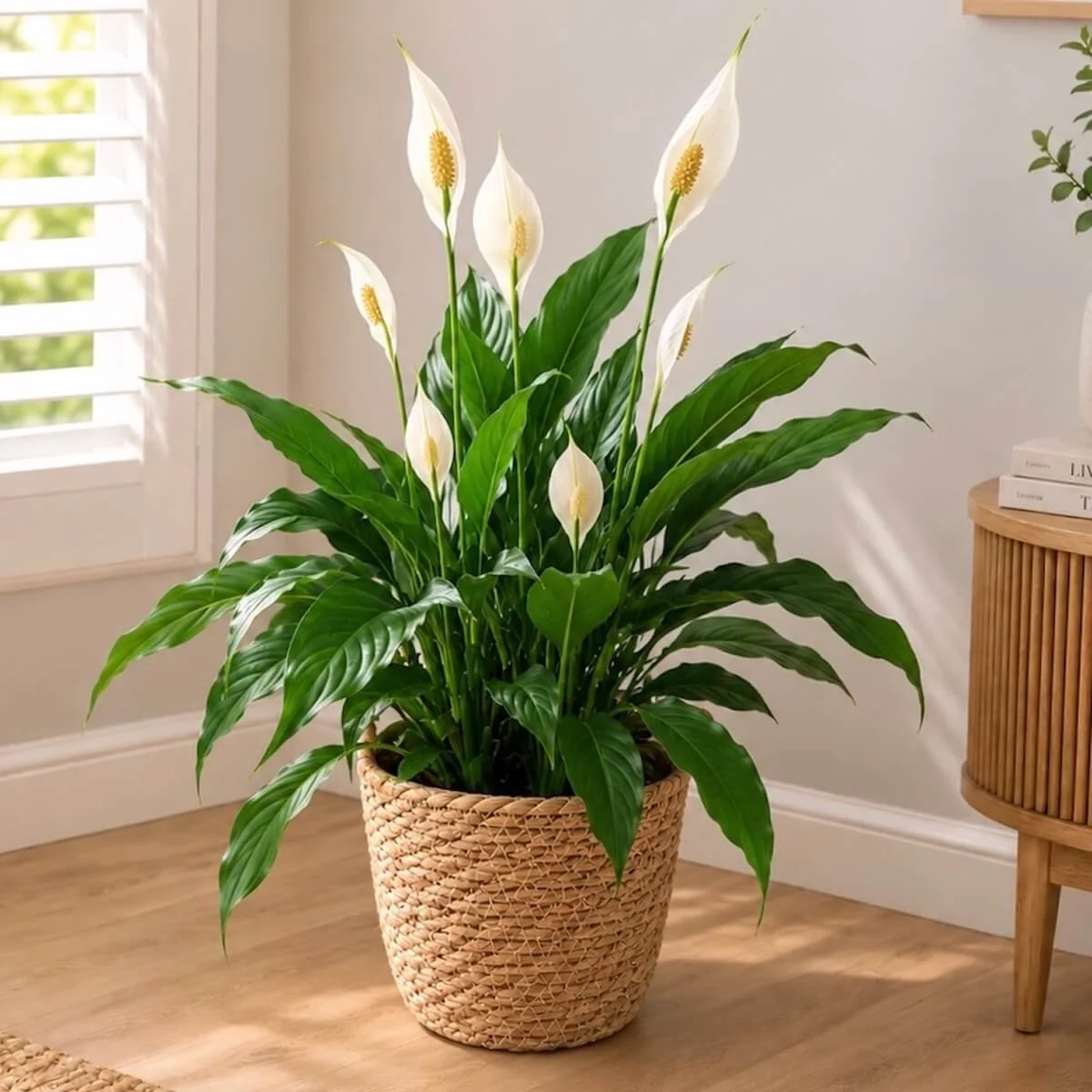 Peace lily plant in a woven basket perfect for any occasion delivery 7 days a w