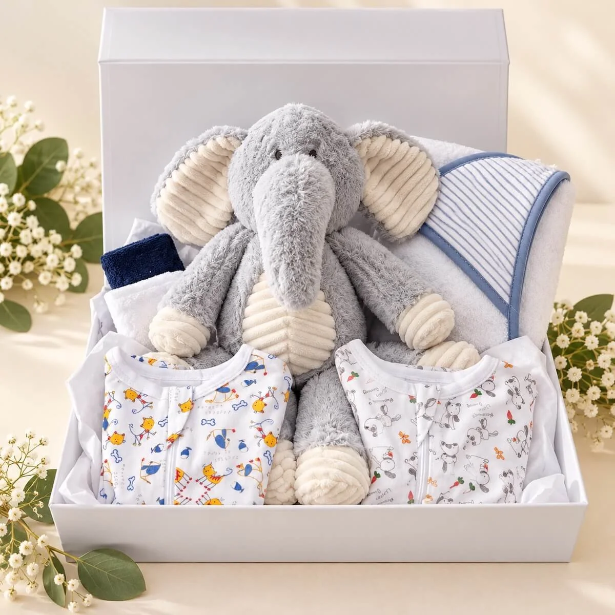 Cuddly Elephant Baby Gift Hamper in a white magnetic gift box with plush grey elephant, baby grows, hooded towel and washcloths