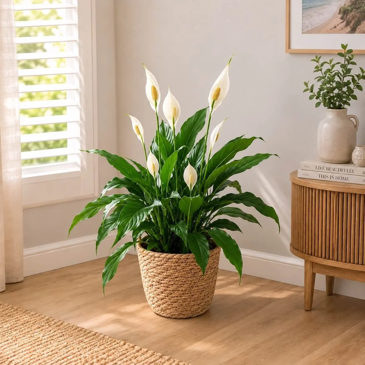 Peace lilly plant with white flower on tall stems above the dark green strap type leaves in a woven basket.