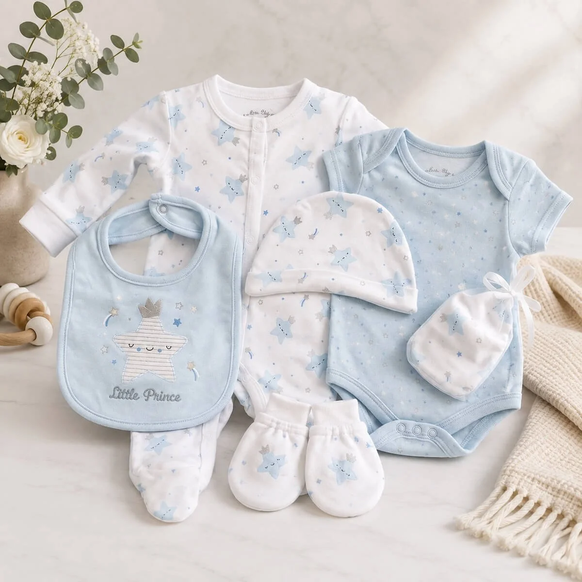 Baby boy clothing set with full body suit and legless one, big, mitten and hat.