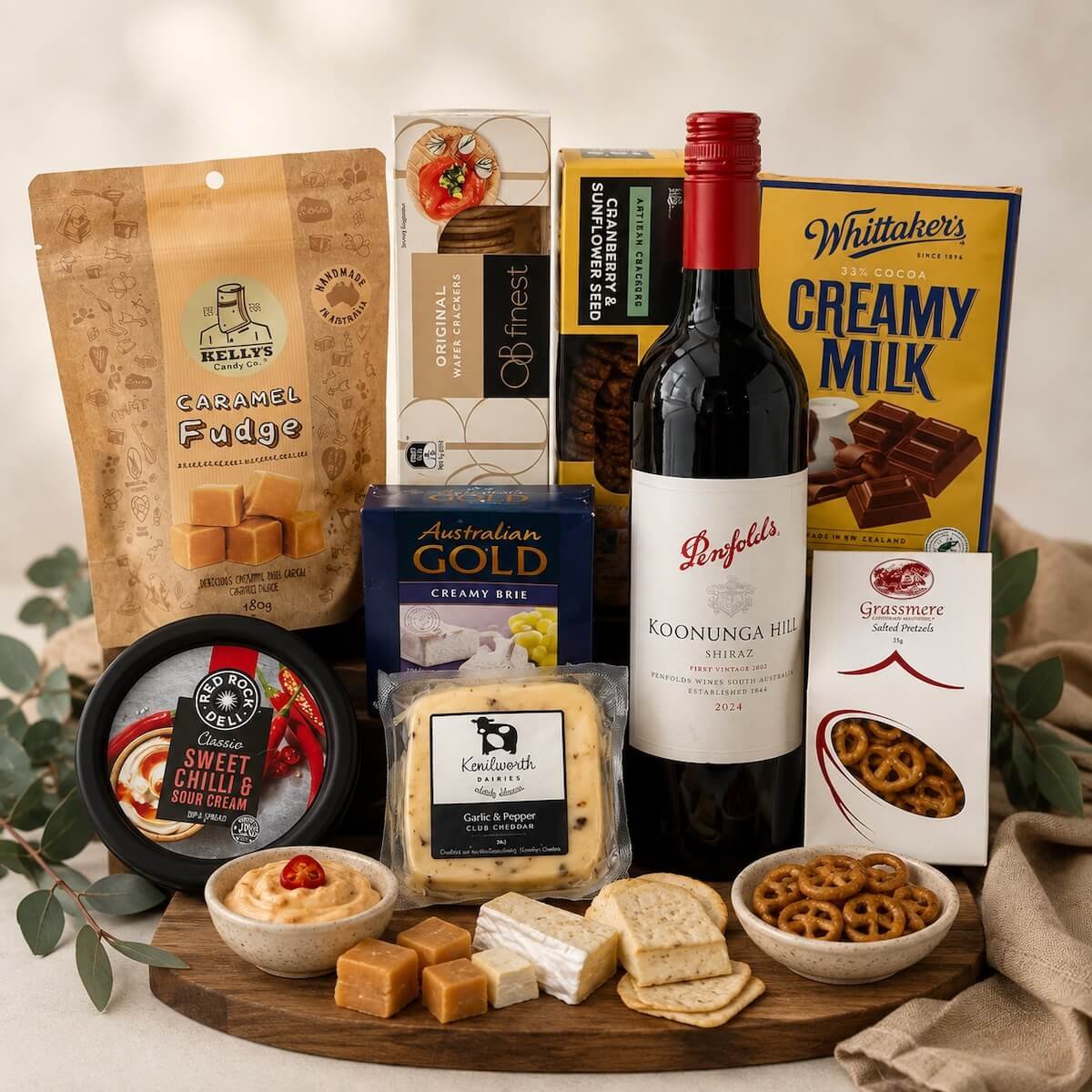 Tallai wine and cheese gift hamper items with wine, gourmet cheeses, crackers, dip, chocolate, fudge and pretzels for Gold Coast delivery.