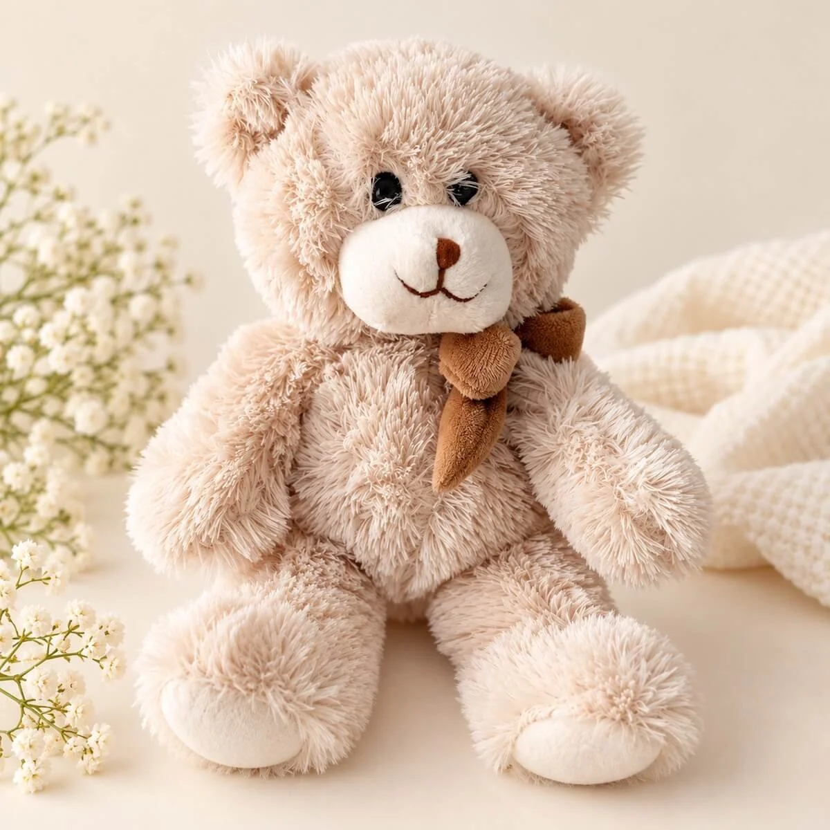 Soft cream 22 cm teddy bear with brown neck scarf, included in our baby boy keepsake gift hamper.