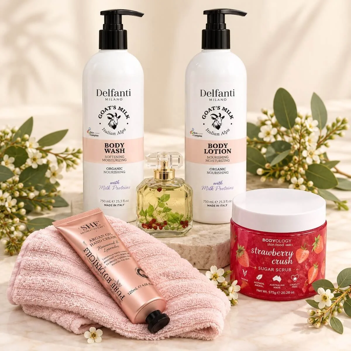 Luxury pamper gift hamper contents featuring Delfanti goat’s milk body wash and lotion, strawberry body scrub, hand cream, perfume and soft pink towel, beautifully displayed on a cream background with