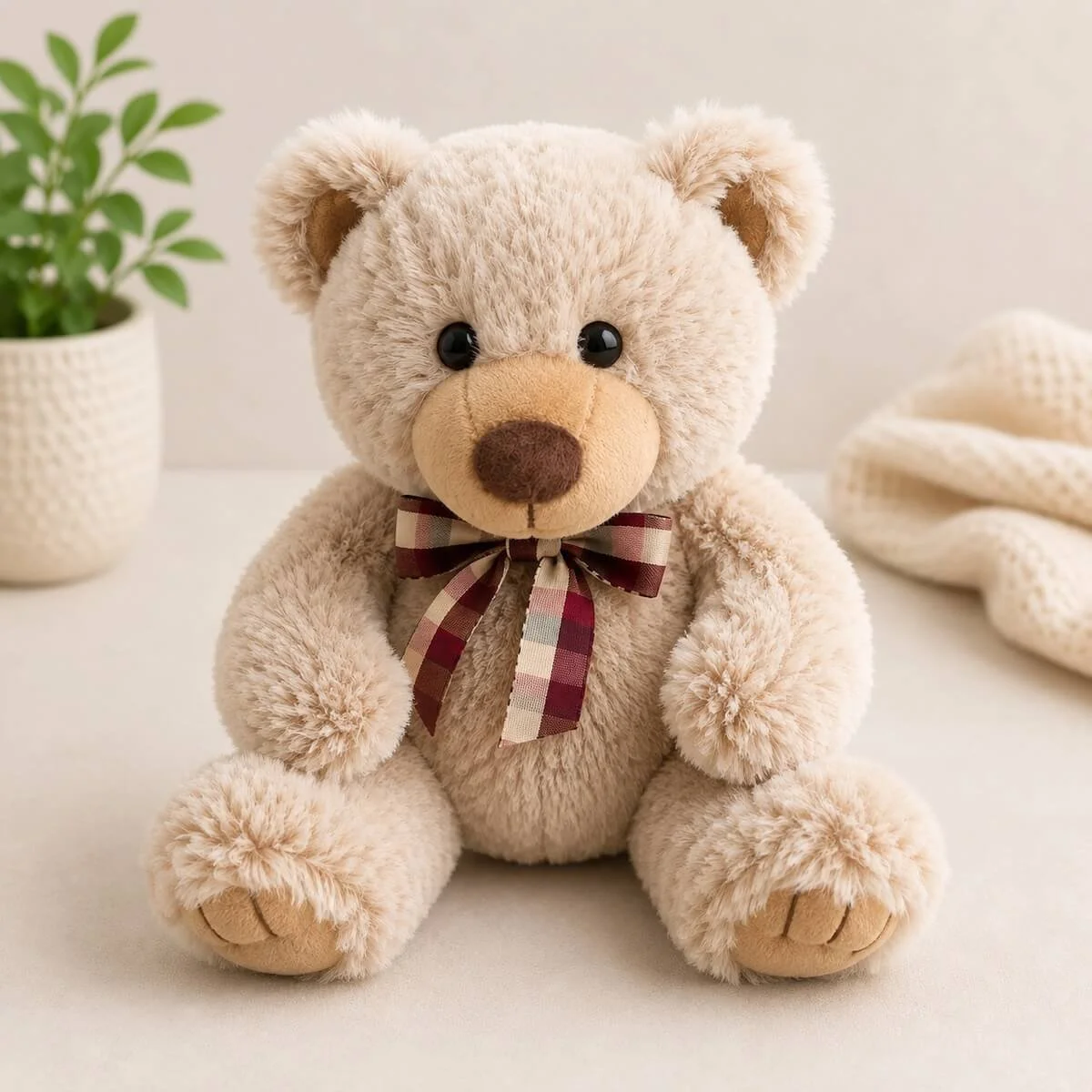 A teddy beach with a soft two tone fur. Has a tartin ribbon around his neck.