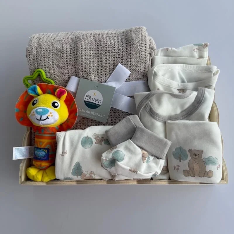 Baby gift hamper with a cotton blanket, a 6 piece clothing set with a bear theme and a rattle soft toy.