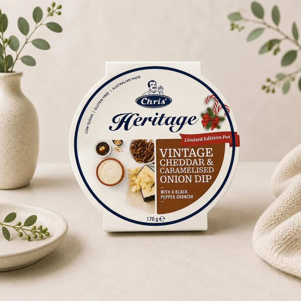 Heritage Gourmet Dip 170g in serving ceremic pot,  rich and smooth savoury dip perfect for crackers, bread, vegetables, or gourmet gift hampers.