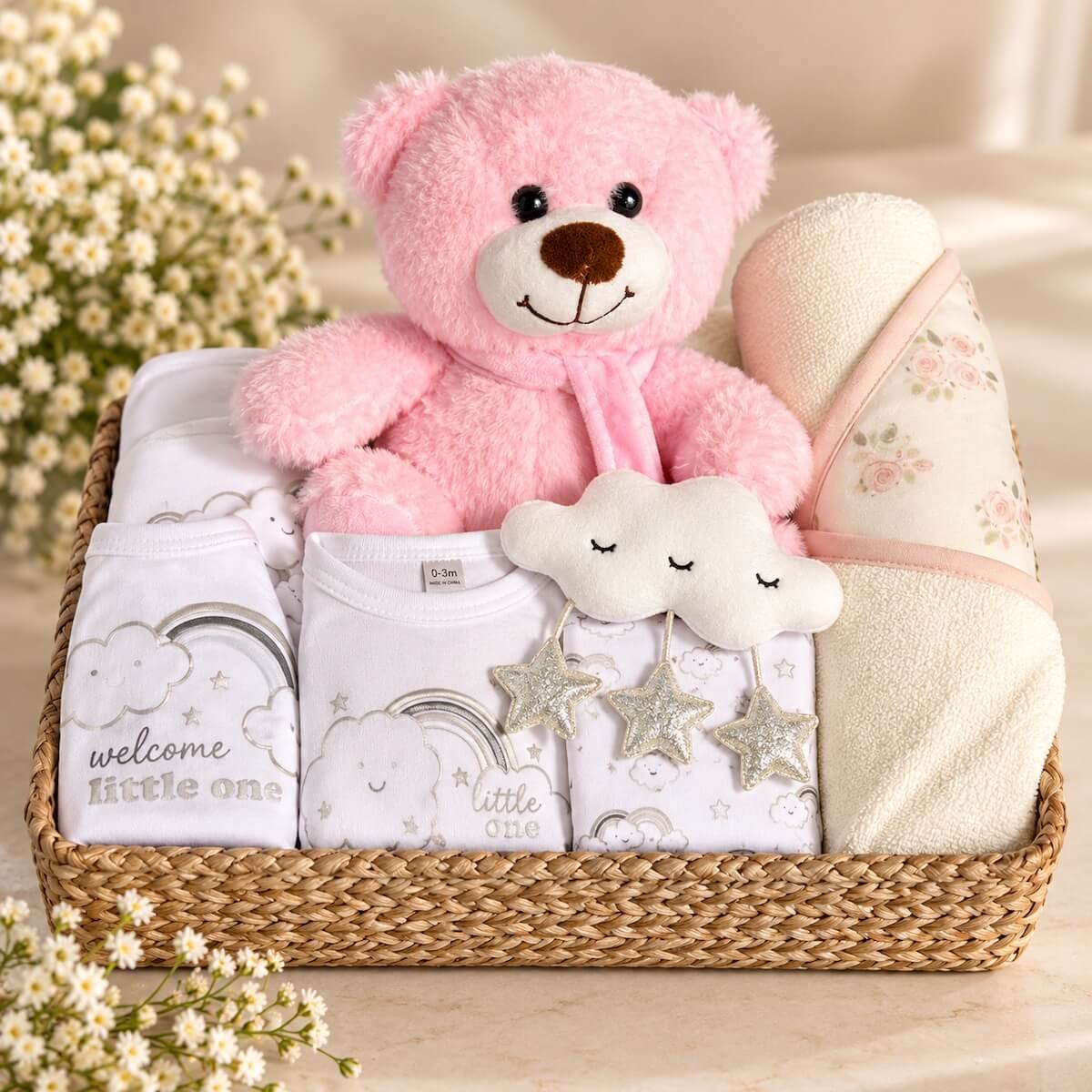 Baby girl gift basket featuring pink teddy bear, newborn clothing, hooded towel, face cloth and cloud toy in a woven gift basket.