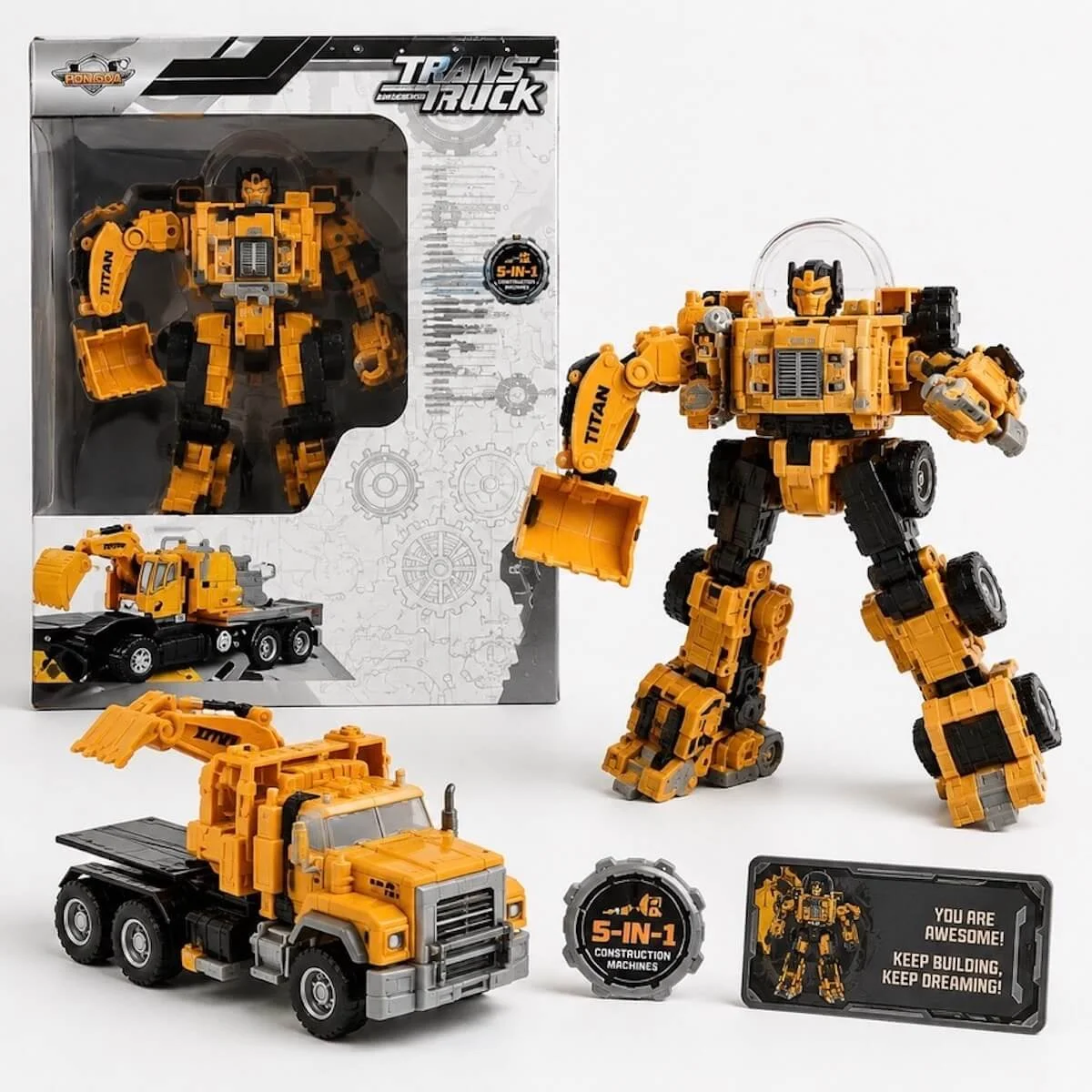 Transforming truck toy that converts into five different construction-style machines