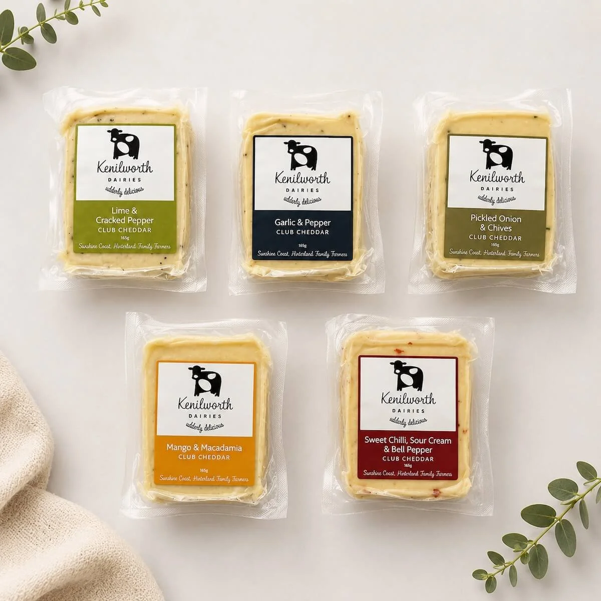 A Kenilwroth Gourmet Cheddar selection in assorted flavours for adding to hampers for delivery across the Gold Coast