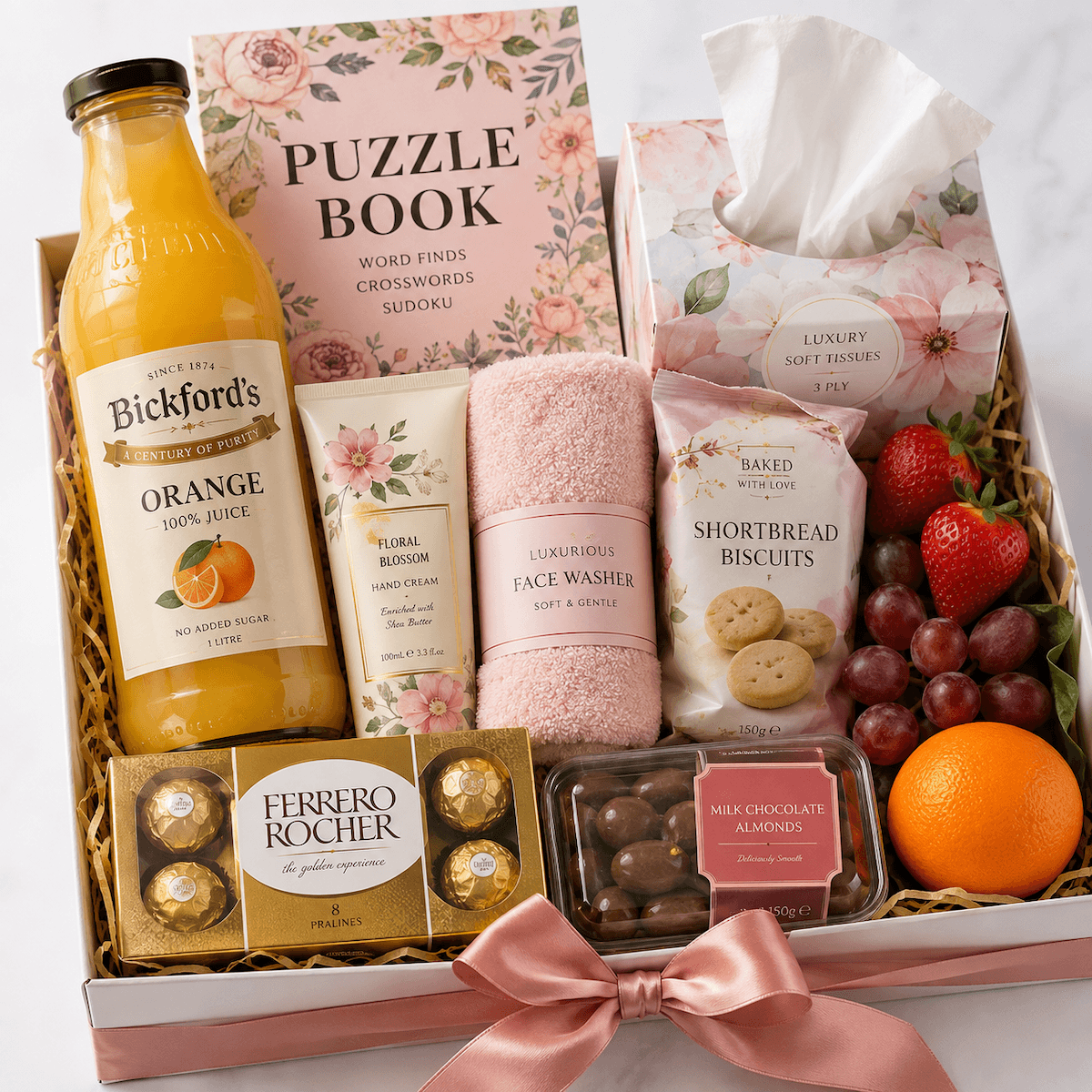 Gift hamper in the create your own range. Includes a book, face washer, hand cream, chocolates and more.