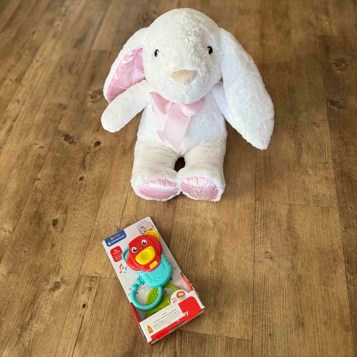 A 28 cm sitting white bunny with pink ribbon and padding on the feet and inside ears and a rattle. Included in the Baby Gift box.