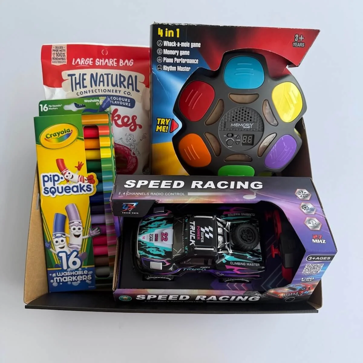Speed Racer Fun Hamper for boys with RC truck, memory game, markers and lollies