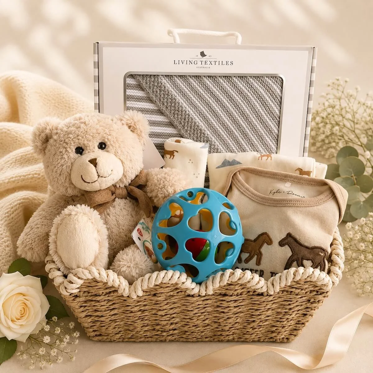 Tiny Treasures baby gift basket with a cotton blanket, 3 peice clothing set, roll ball toy and soft teddy for delivery on the Gold Coast.