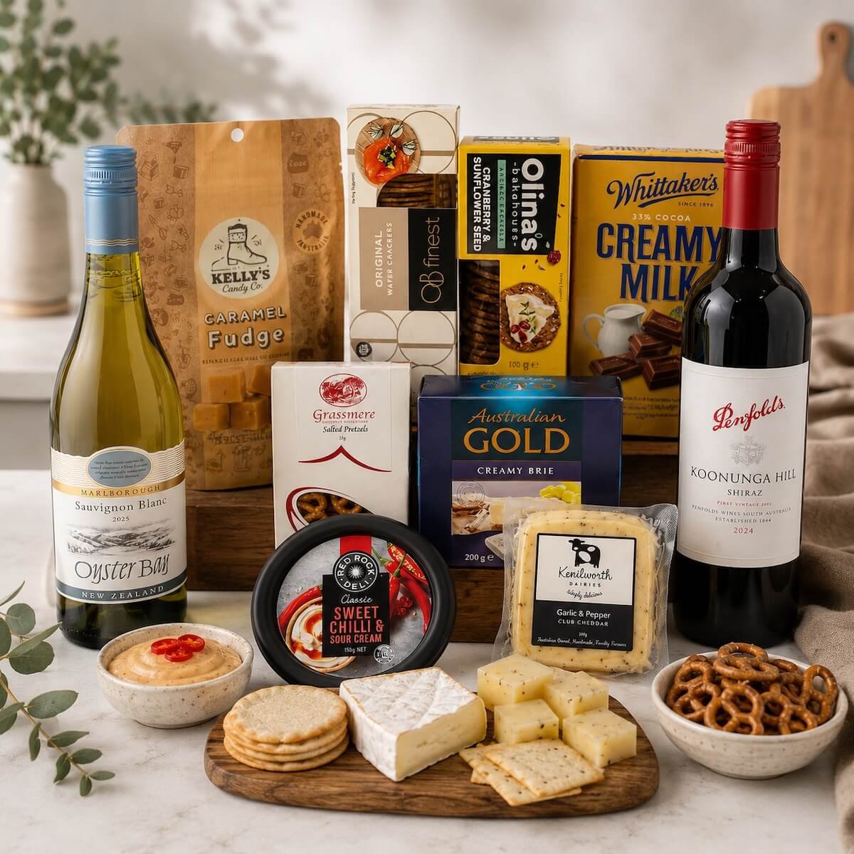 Gilston wine and cheese gift hamper with red and white wine, gourmet cheeses, crackers, dip, chocolate, fudge and pretzels for Gold Coast delivery.