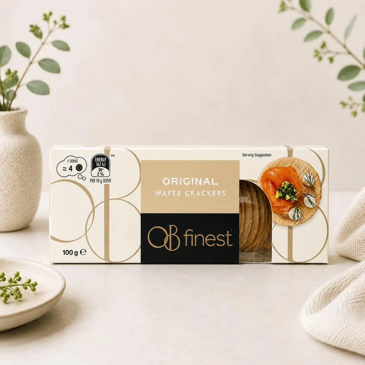 OB's Finest Wafer Crackers 100g box displayed, ideal for entertaining and gifting.