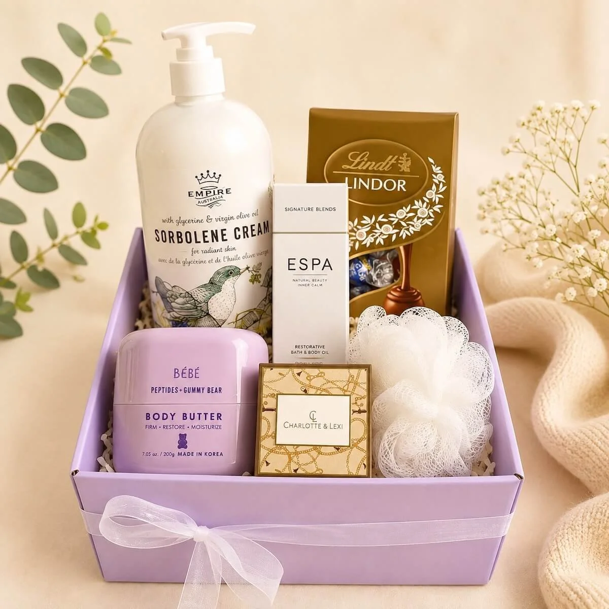 Body & Soul Ladies Gift Hamper featuring ESPA body oil, body butter, chocolates and earrings with same-day Gold Coast delivery.
