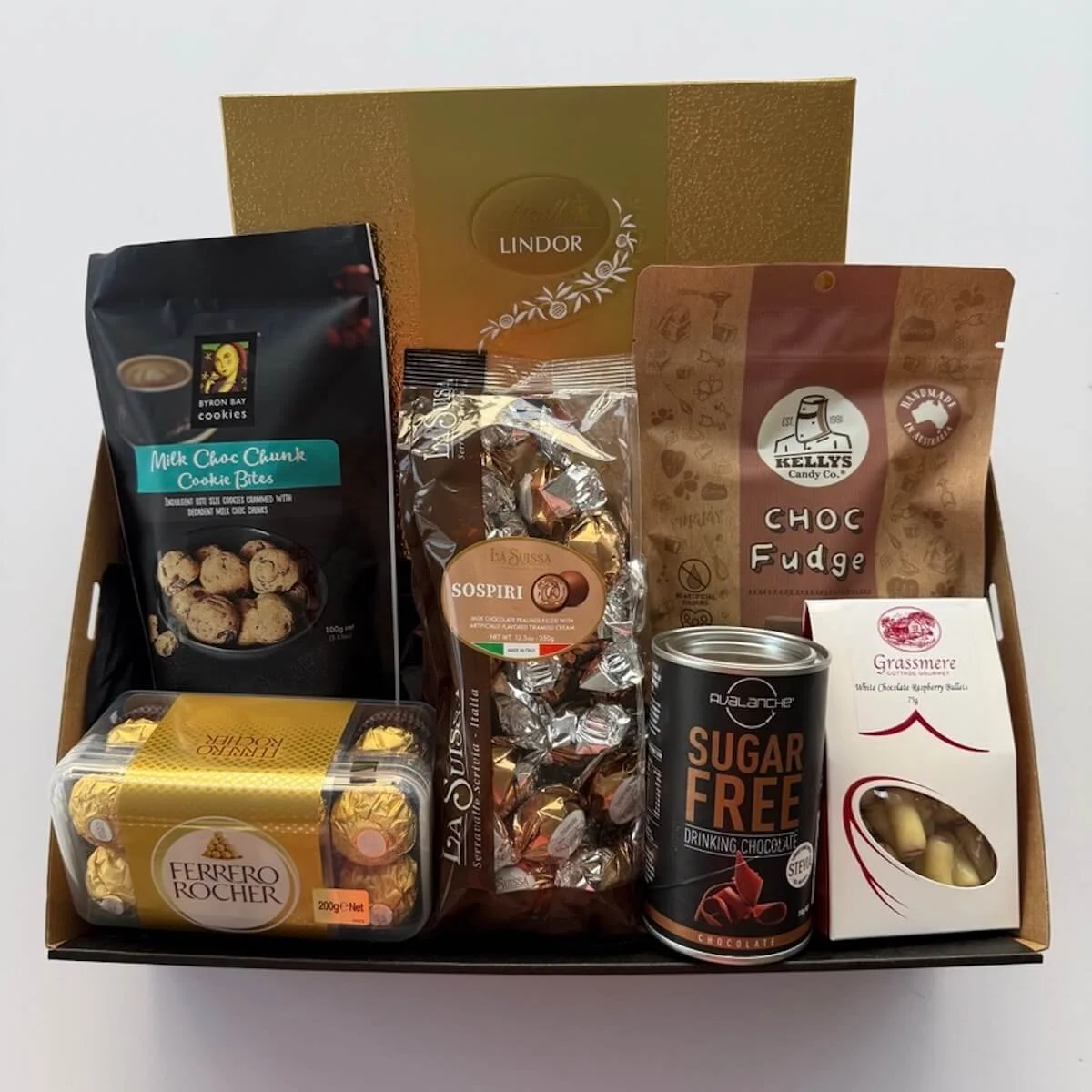 Chocolate gift hamper with an assortemnt of luxury chocolates and chocolate drink with cookies for free dleivery over the Gold Coast.