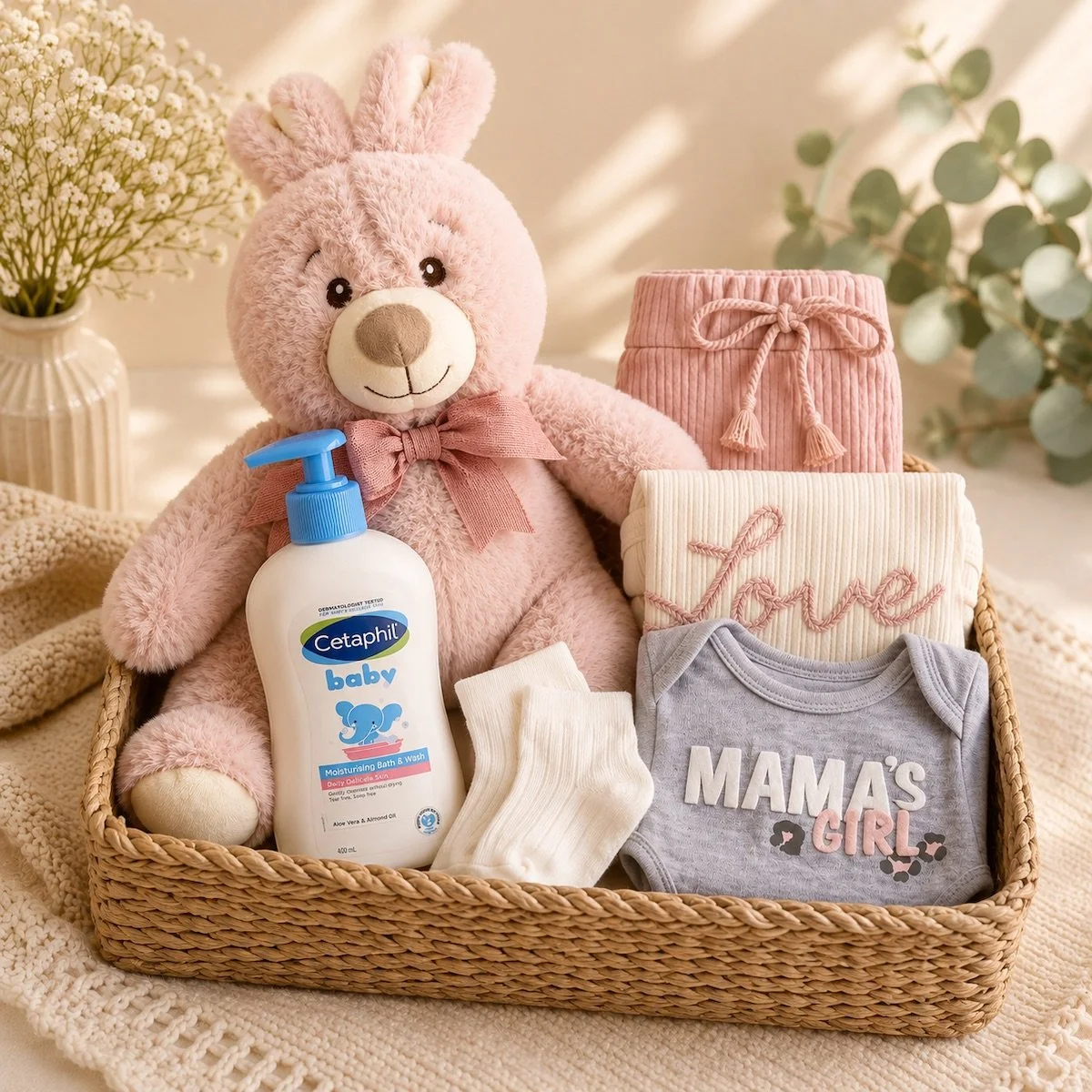 Hello Baby Girl gift basket with pink bunny, organic onesie and shorts, mama’s girl bib, socks and Cetaphil baby bath wash.