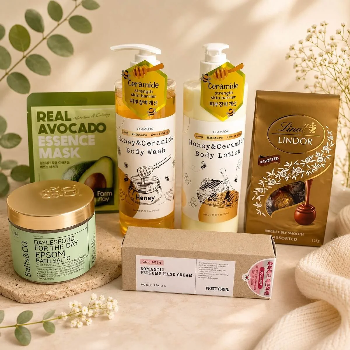 Pamper hamper with chocolates and Body Wash and Lotion, epson salt, face mast and hand cream, same day delivery Gold Coast.