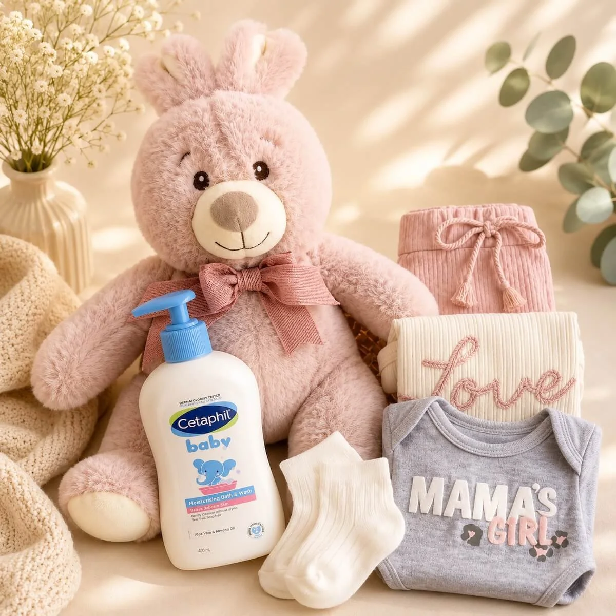 Baby girl clothing set with cream organic onesie embroidered Love, pink shorts, mama’s girl bib and white socks and bunny and baby wash included in hamper.