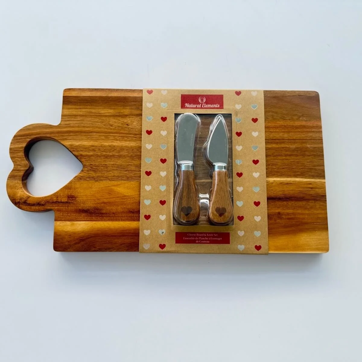 Wooden cheese board 19x30cm with two cheese knives, perfect gourmet hamper add on for serving cheese and antipasto.