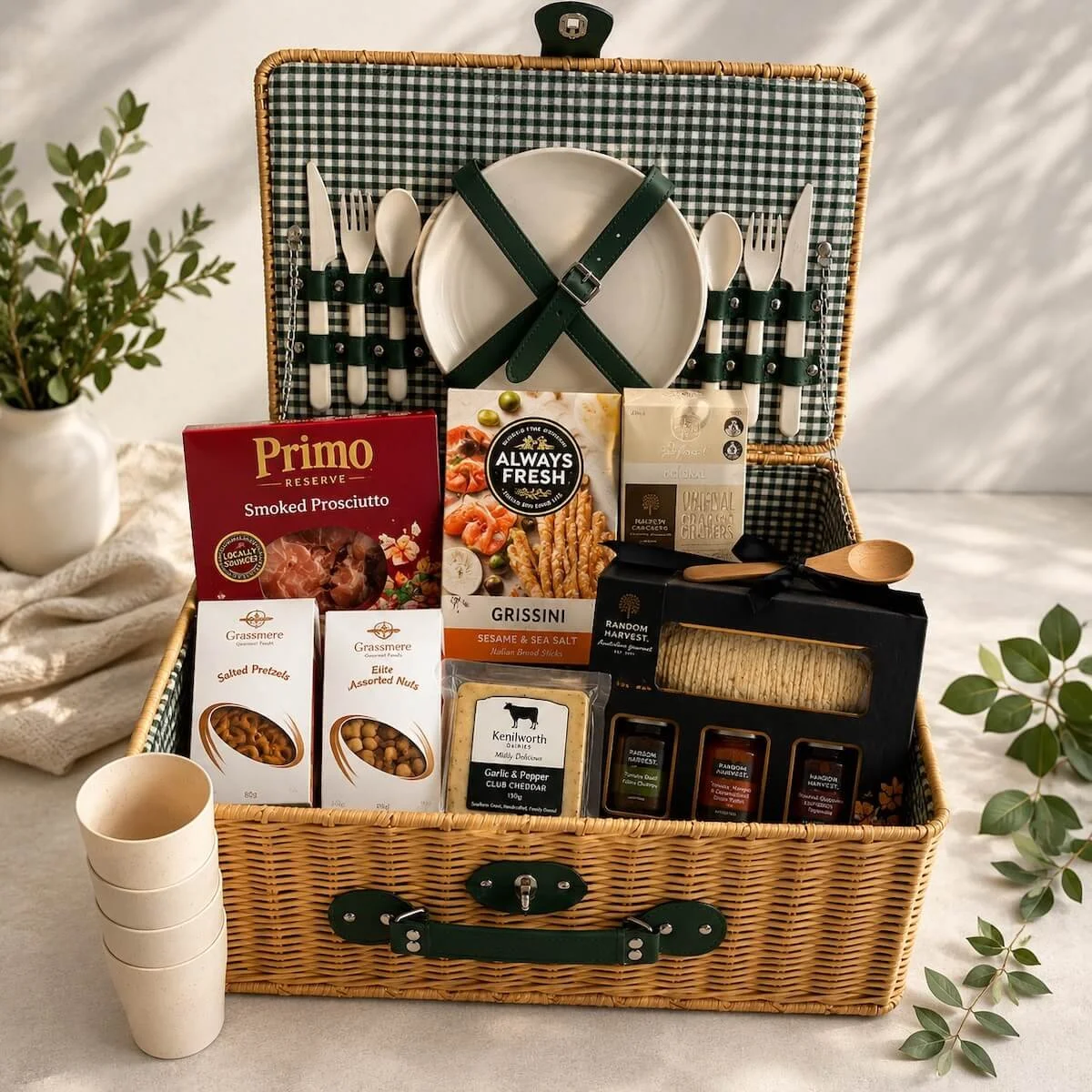 4 piece picnic hamper with a blanket and assorted gourmet foods for same-day delivery Gold Coast.