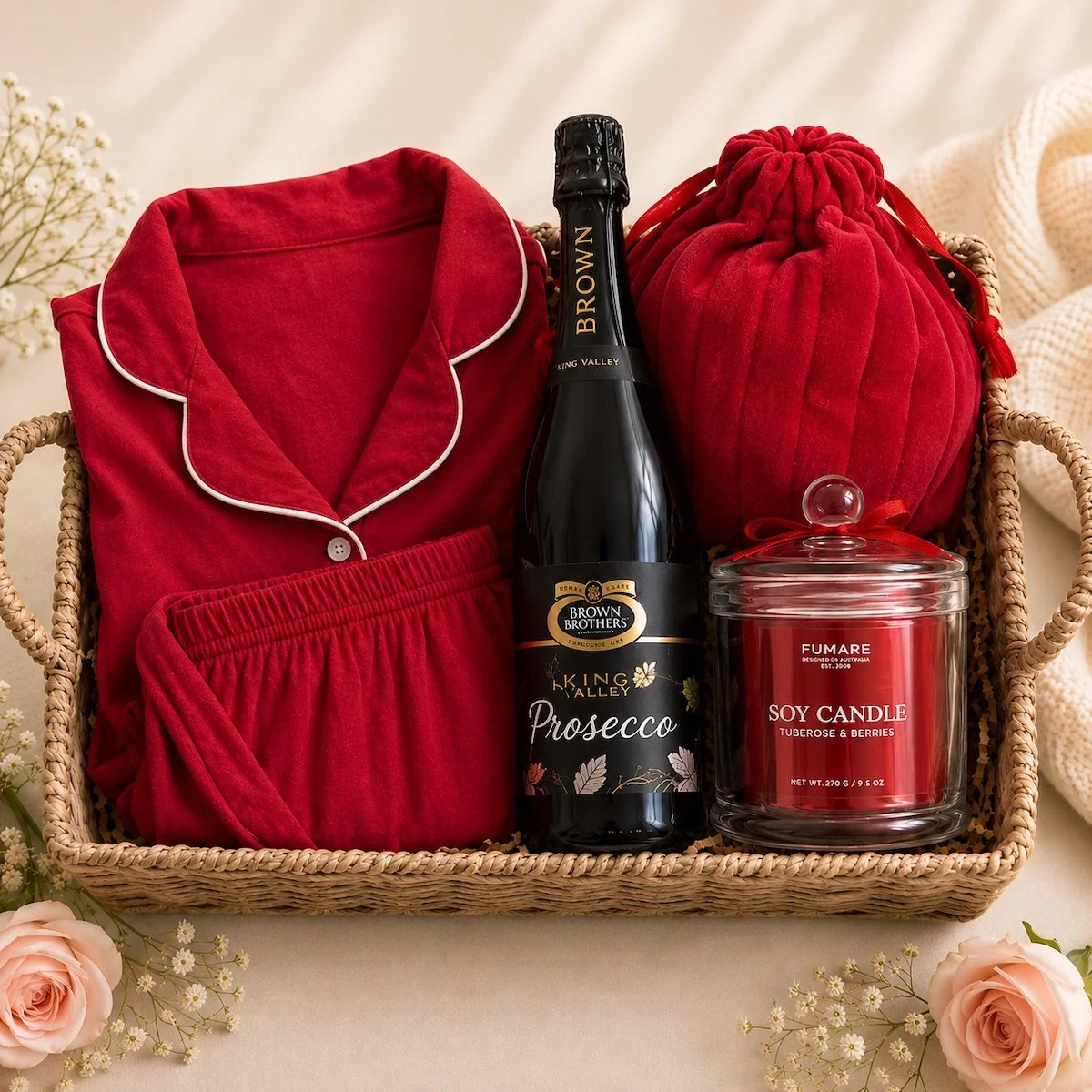 Luxury Bed and Bubbles gift hamper with short pyjamas, Prosecco bottle, scented candle, and assorted pamper products.