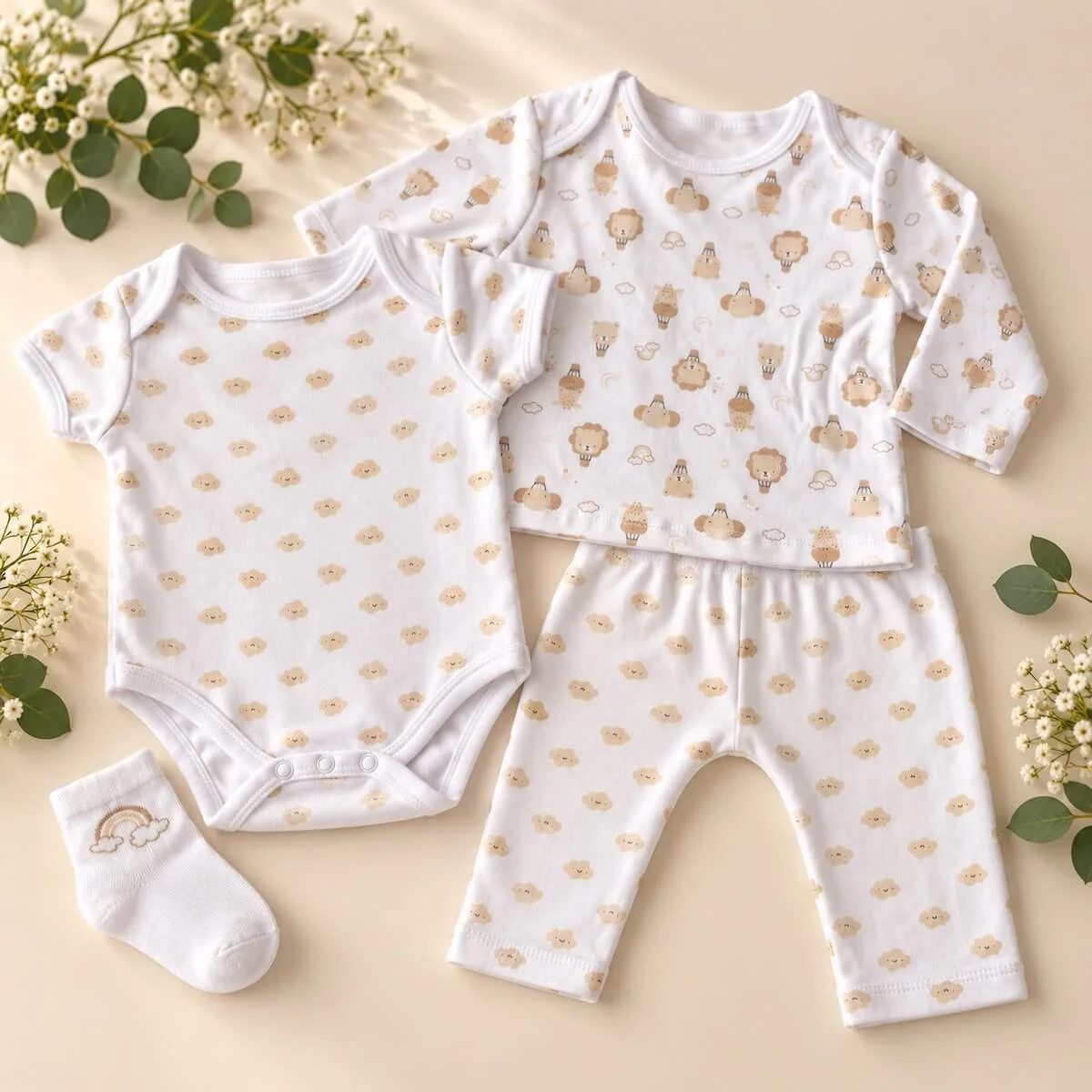 White and beige newborn baby outfit featuring cloud-print bodysuit, matching pants, animal-print long-sleeve top and rainbow socks.
